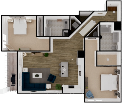 Floor plan for 2 beds, 2 baths, 1374 sqft
